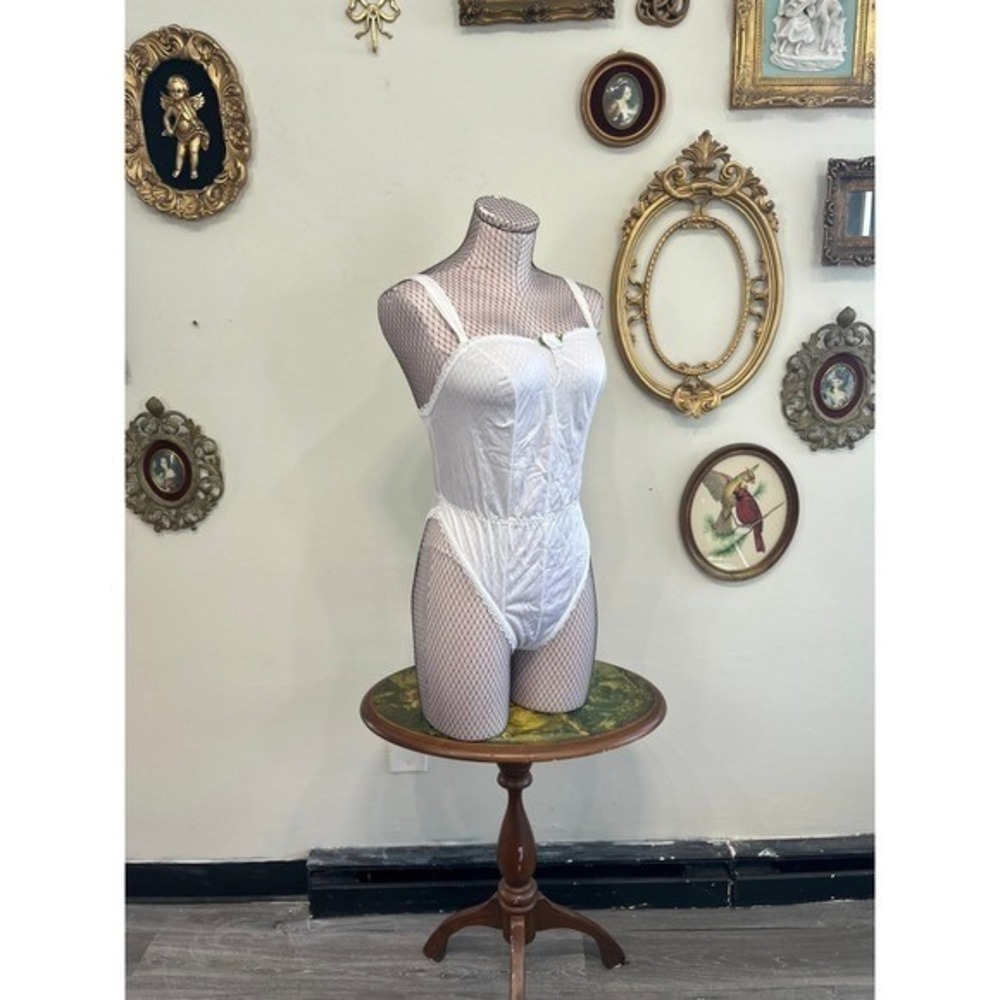 Vintage Minor Creations White Lace Nylon Teddy Bodysuit Medium Y2K USA